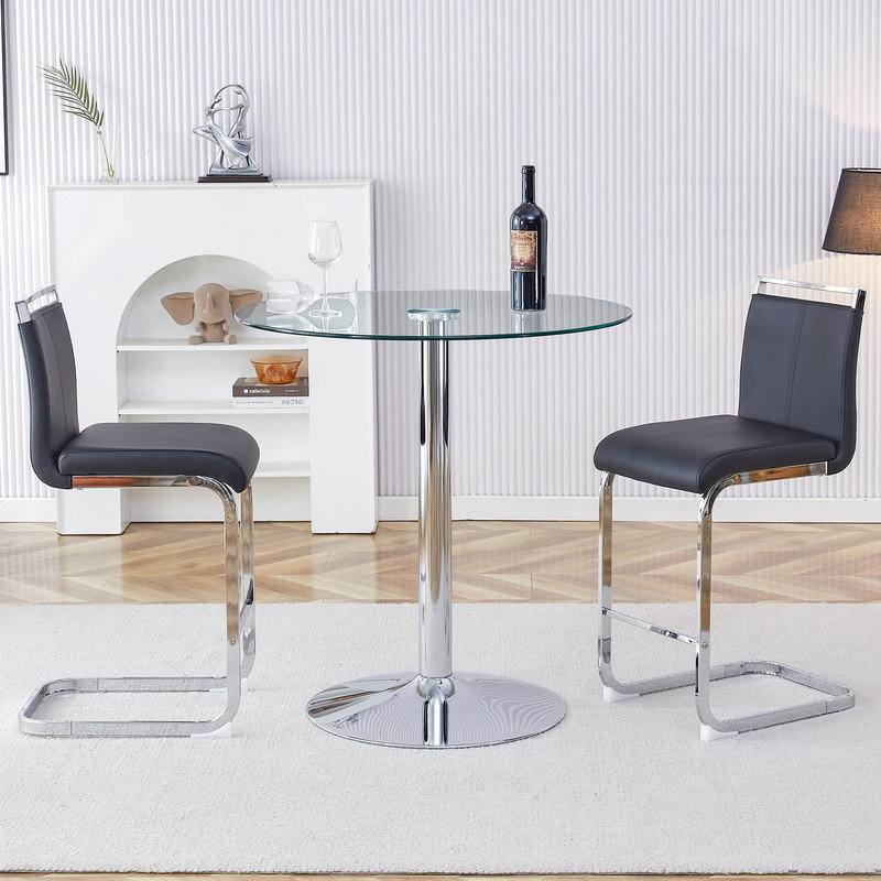 Ensemble de salle à manger 3 pièces en métal avec 2 chaises en similicuir pour la salle à manger, Noir, Argent argent