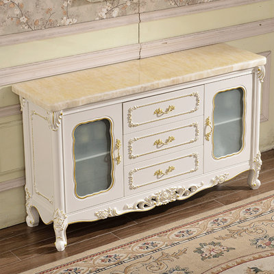Buffet en bois massif européen blanc ivoire avec plateau en marbre jade beige
