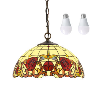 16" Tiffany Style Glass Shade Pendant Light,2 E26 Sockets,Adjustable Hanging Chain