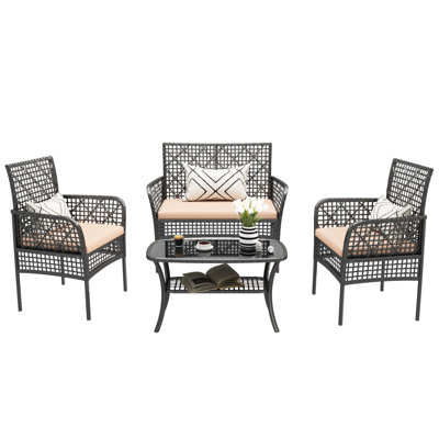 4 Pieces Pool Delight Patio - Pe With Soft Cushions And Tempered Glass Table Complete Lawn Seating , Cushions,