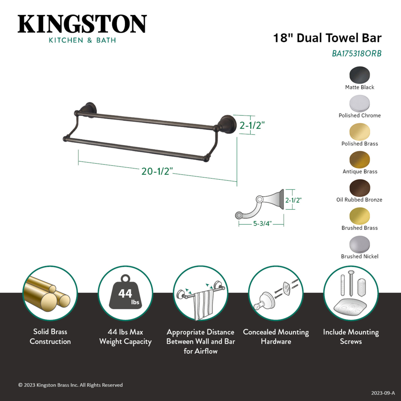 Heritage 18" Dual Towel Bar, Polished Brass