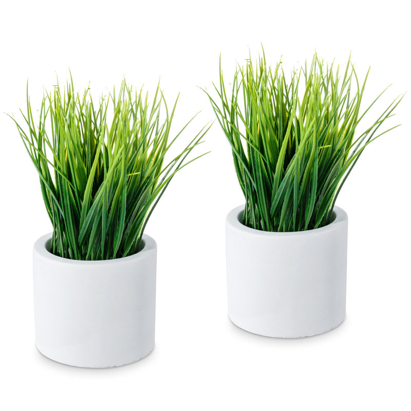 Set of 2 Faux Green Grass in White Cement Round Pots