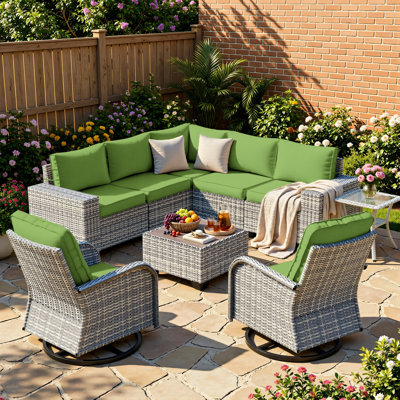 9-Piece Outdoor HDPE Wicker Patio Conversation Set With Wide Armrests, Sectional Sofa & Swivel Chairs