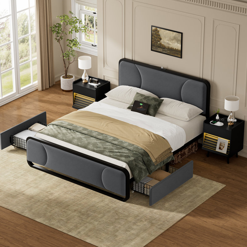 Ensemble de chambre à coucher 3 pièces, lit tapissier avec 2 tiroirs et 2 tables de chevet, Gris / Noir, Grand