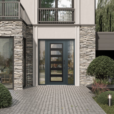 C9 à gauche 60 po X 80 po Panneau d'entrée en verre noir anthracite et anthracite à panneau avec 2 portes d'entrée en verre pré-montées