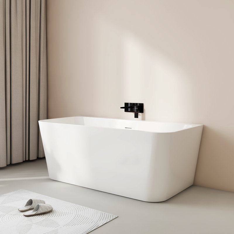Baignoire autoportante en acrylique HIGEINE de 55 po, baignoire profonde, baignoire dos à mur moderne avec drain central et trop-plein intégrés