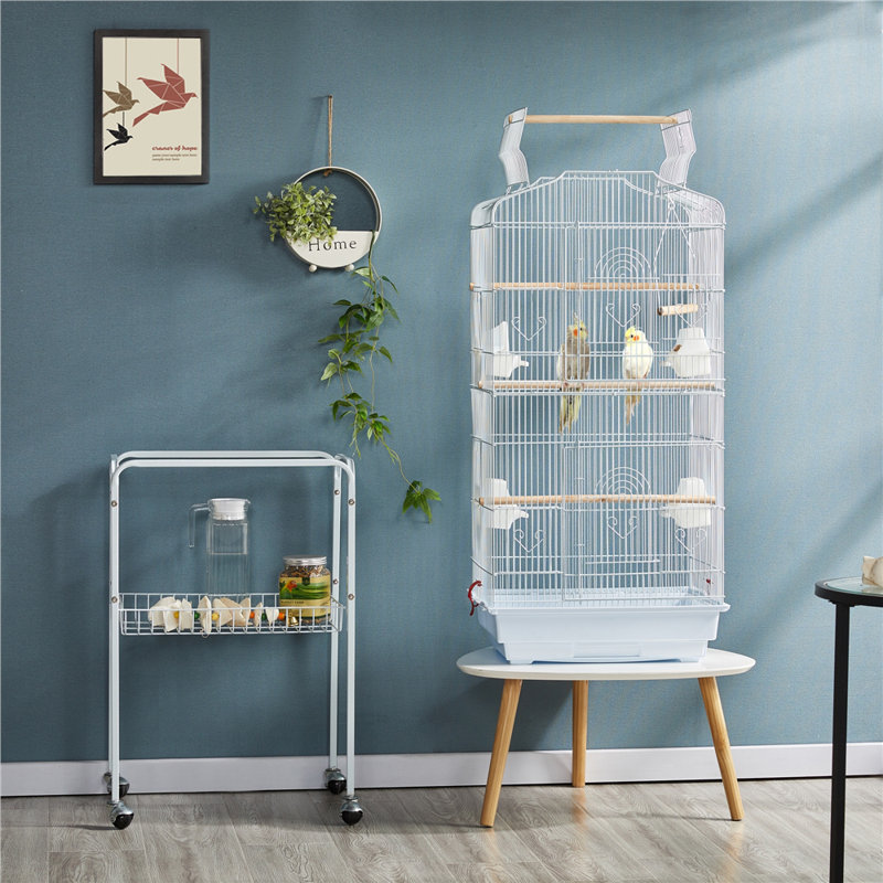 Color 35cm Steel Play Top Floor Bird Cage with Wheels, White 