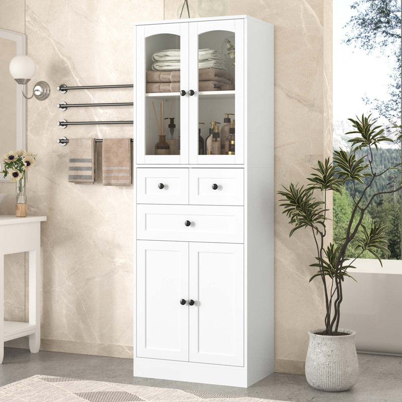 Armoire de rangement autoportante pour salle de bain avec tablette réglable, tiroirs et armoires, Blanc