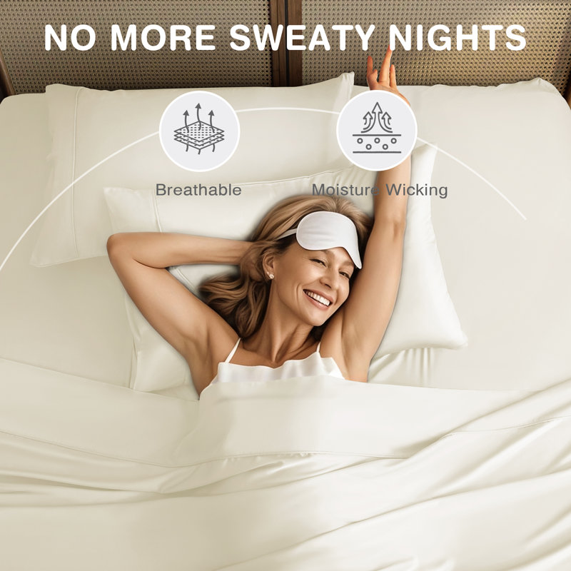 Ensemble de draps de luxe, 100% rayonne de bambou soyeuse, Ensemble de draps pour grand lit avec 2 taies d'or, Crème, crème