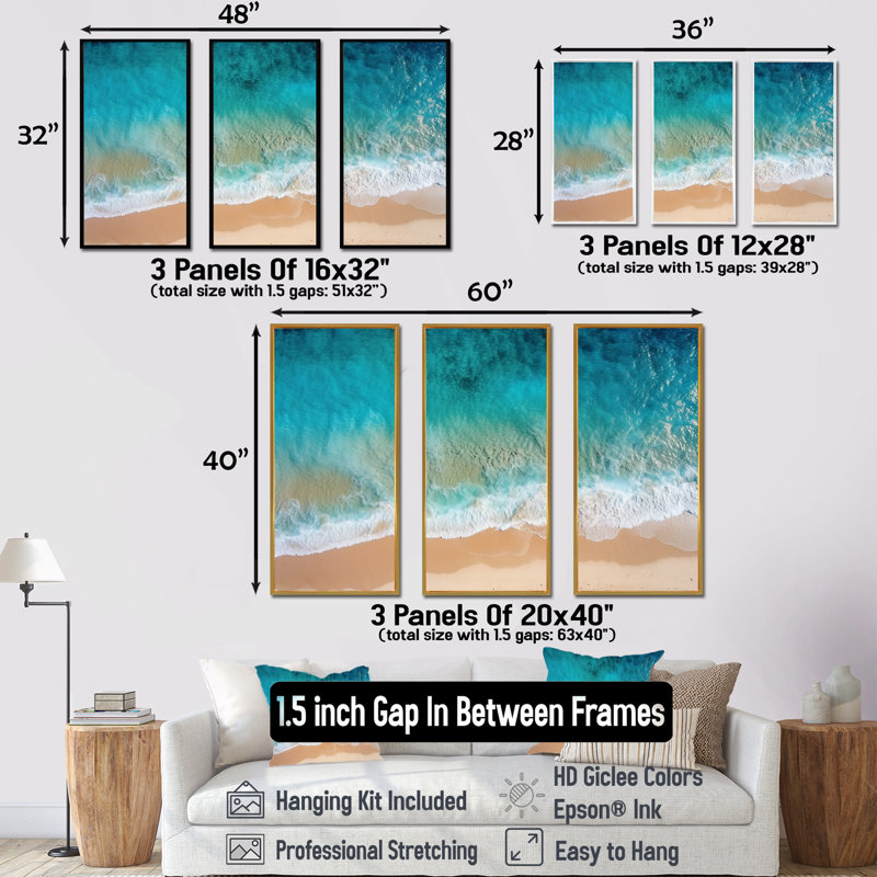 Vue aérienne de la plage bleue «Blue Tranquility» - art mural plage, Cadre flottant noir, H 32 po x l 48 po x P 1 po