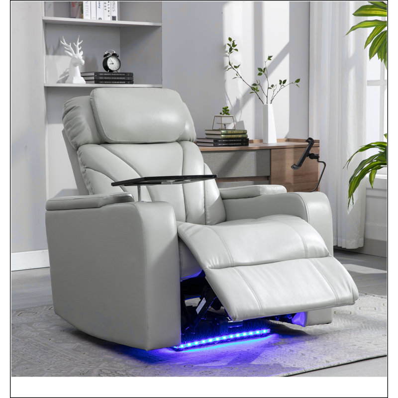 Power Motion Recliner with Usb Charging Port And Arm Storage, Home Theater Seating with Cup Holder, Light Gray