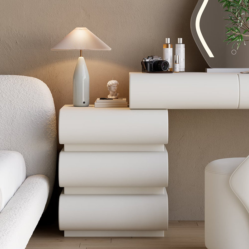 Modern White PU Leather Vanity Set with LED Mirror and Stool