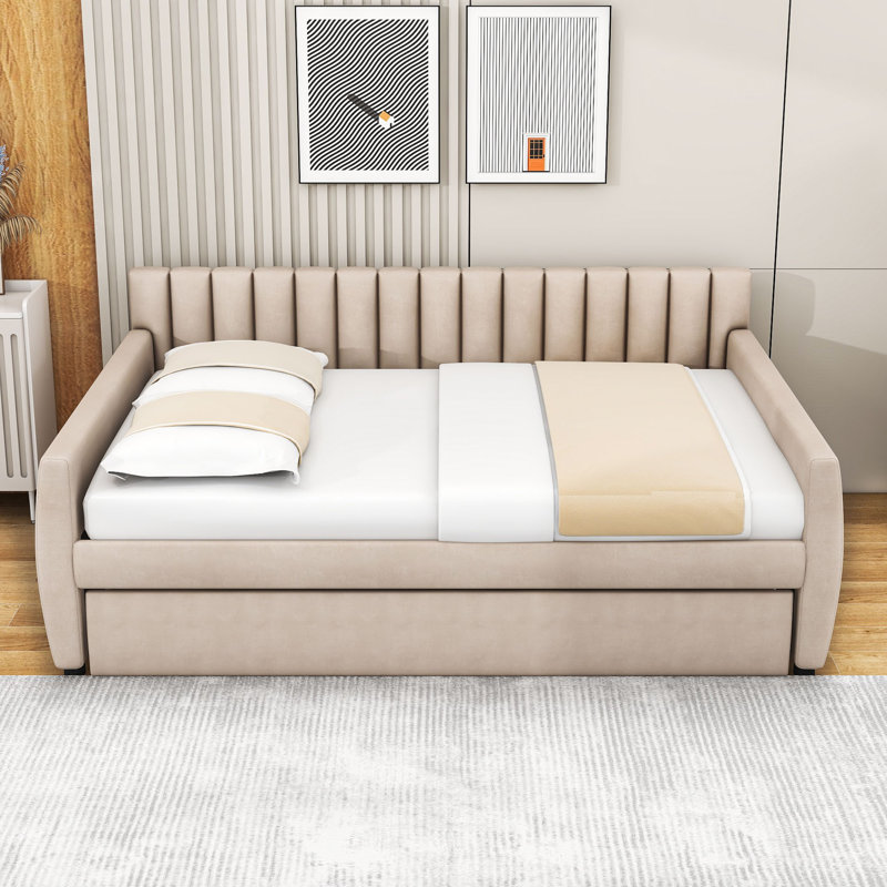Margos Full Size Upholstered Daybed with Twin Size Trundle, Beige