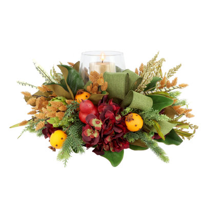 Fall Candleholder with Hydrangea, Artichokes and Clove Oranges