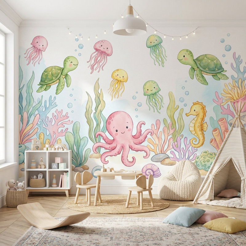 Murale sous-marine Sea Creatures, Non tissé non collé, 120 po x 96 po