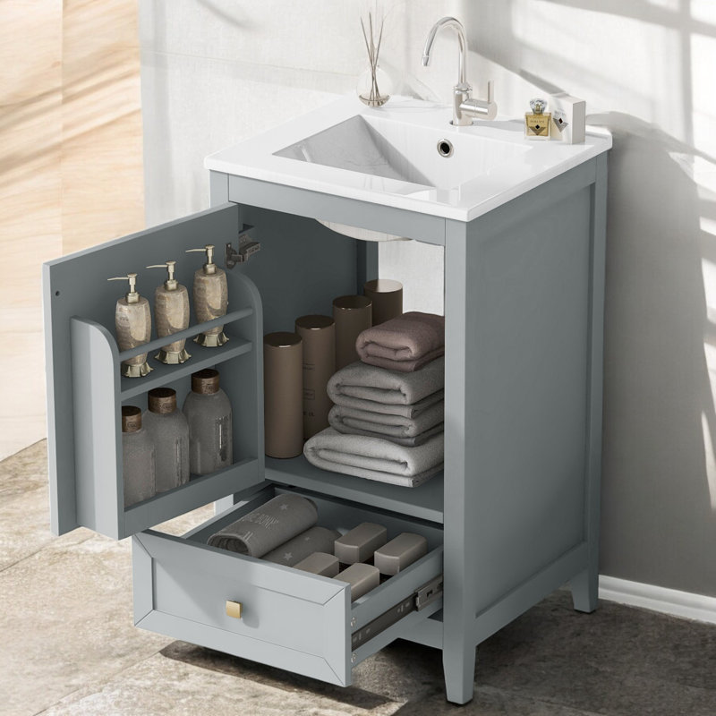  Meuble-lavabo simple 20 po avec lavabo en céramique blanche, Gris