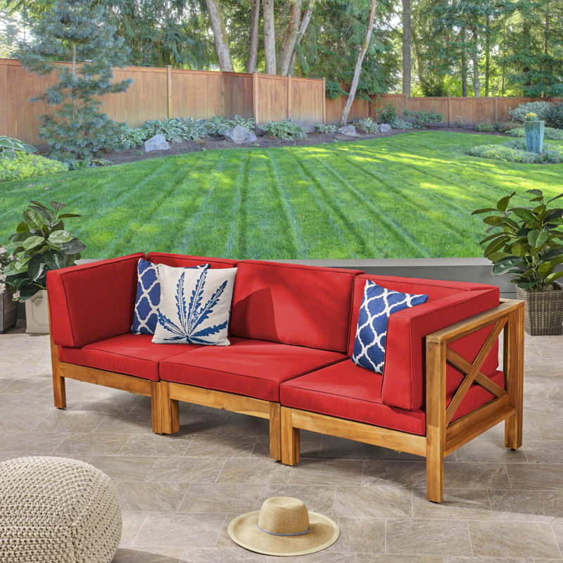 30.3'' Wide Wood Patio Sofa with Cushions, Teak Frame / Red Cushion