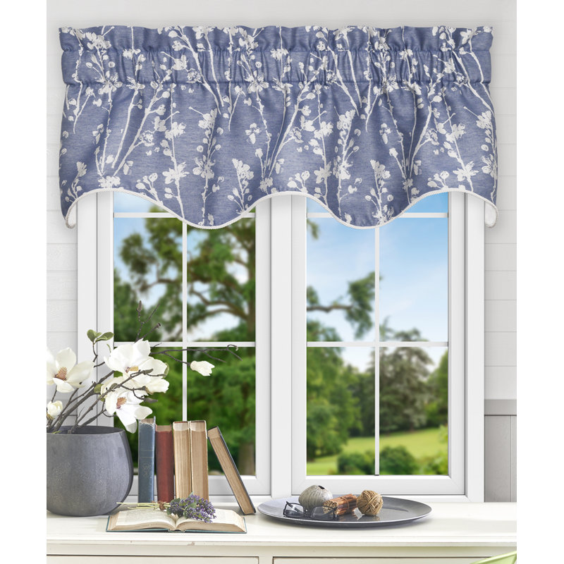 Cobalt Blue Floral Polyester Scalloped Window Valance, 50" x 15"