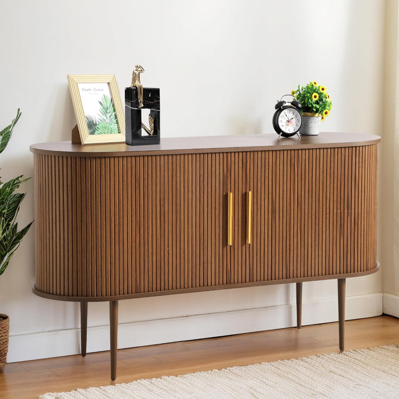Buffet 55 "avec portes coulissantes cannelées, armoire de rangement Tambour avec tablettes, Brun