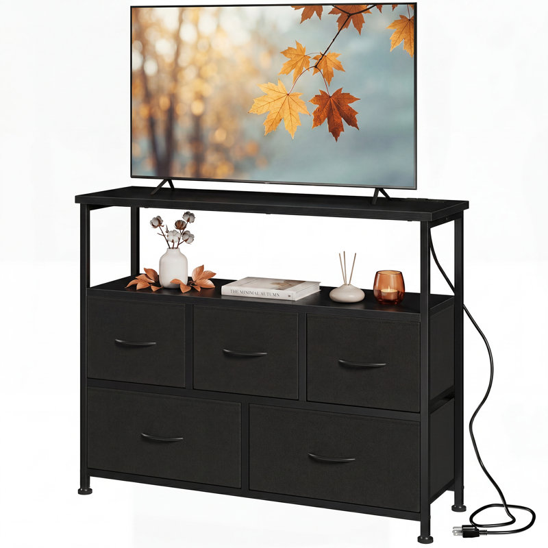 5-Drawer Fabric Dresser with Charging Station, TV Stand for Bedroom, Living Room, Black