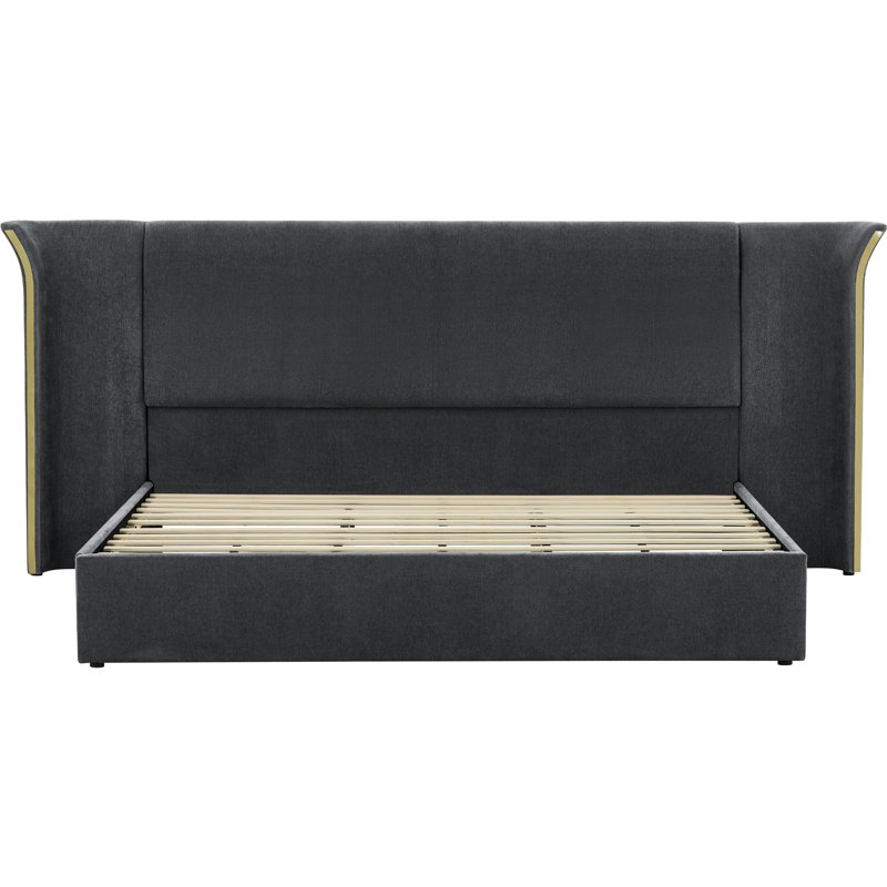 Cadre de lit rembourré King Size, tête de lit à oreilles, tête de lit haute et rembourrée, tissu chenille doux, cadre robuste, gris foncé