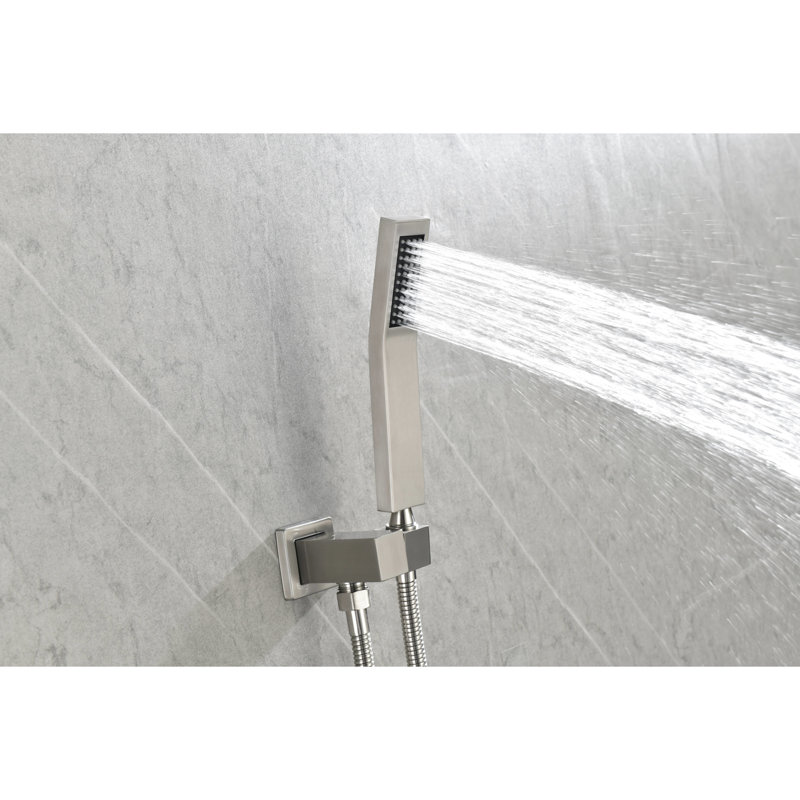 Brushed Nickel Shower With Head, Hand Shower, Hose, Valve Trim, Lever Handles And Niche. . Produces Natural Rainfall Showering. Self-Cleaning Nozzle. Complies To American Standard Pipe Connections