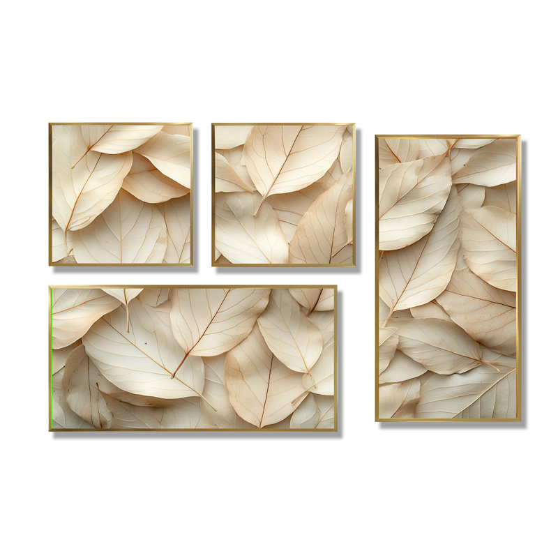 Feuilles d'amande crème blanches 4 pièces, Impression encadrée sans passe-partout, Doré