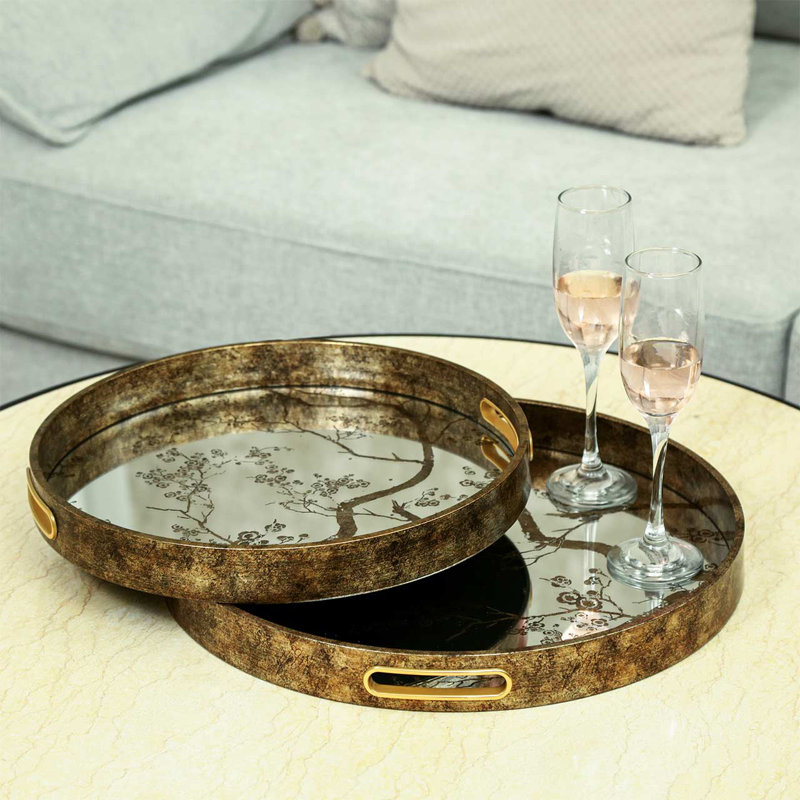 Kujawa 2 piece Decoration Tray for Living Room Decor, Antique Gold Plastic Mirror Round Serving Tray