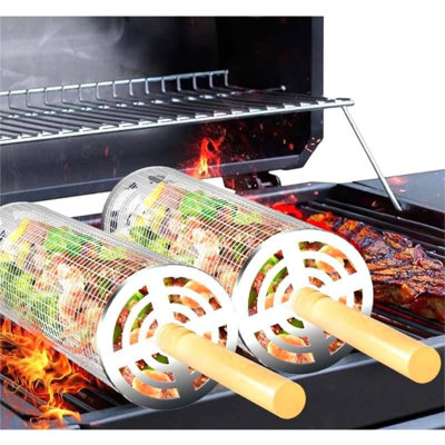 Nesting Rolling Grill Baskets 2PCS,304 Stainless Steel BBQ Tools With Removable Wooden Handle For Vegetables,Shrimp,Camping,Backyard,Outdoor Grilling Accessories,Grilling Gifts For Men