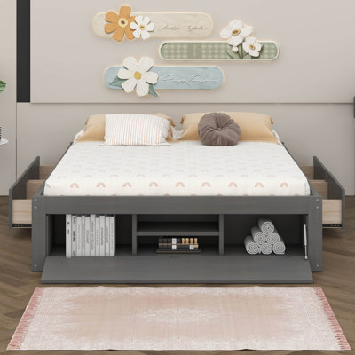 Queen Size Platform Bed Without Headboard, Wood Platform Bed Frame Queen Size With 4 Drawers And Hydraulic Lift Footboard Storage