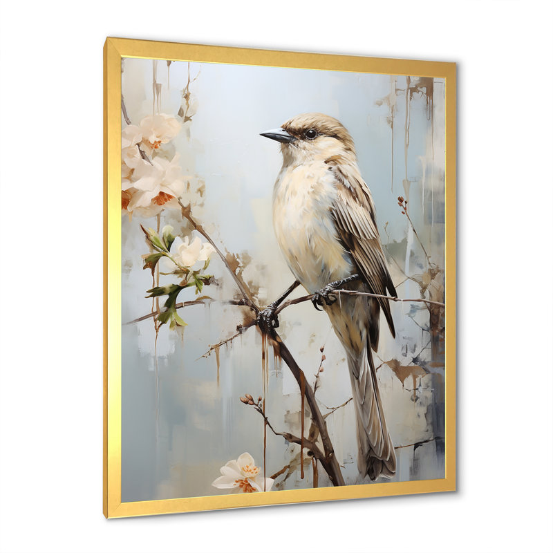 Minimalisme, oiseau beige sur une branche, Cadre doré simple, H 20 po x l 12 po x P 1 po