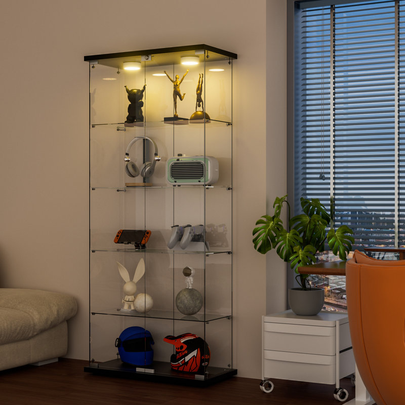 Jacquelline Tempered Glass Display Cabinet with 2 LED Lights, 5-Shelf Curio Cabinet with 2 Doors, Black