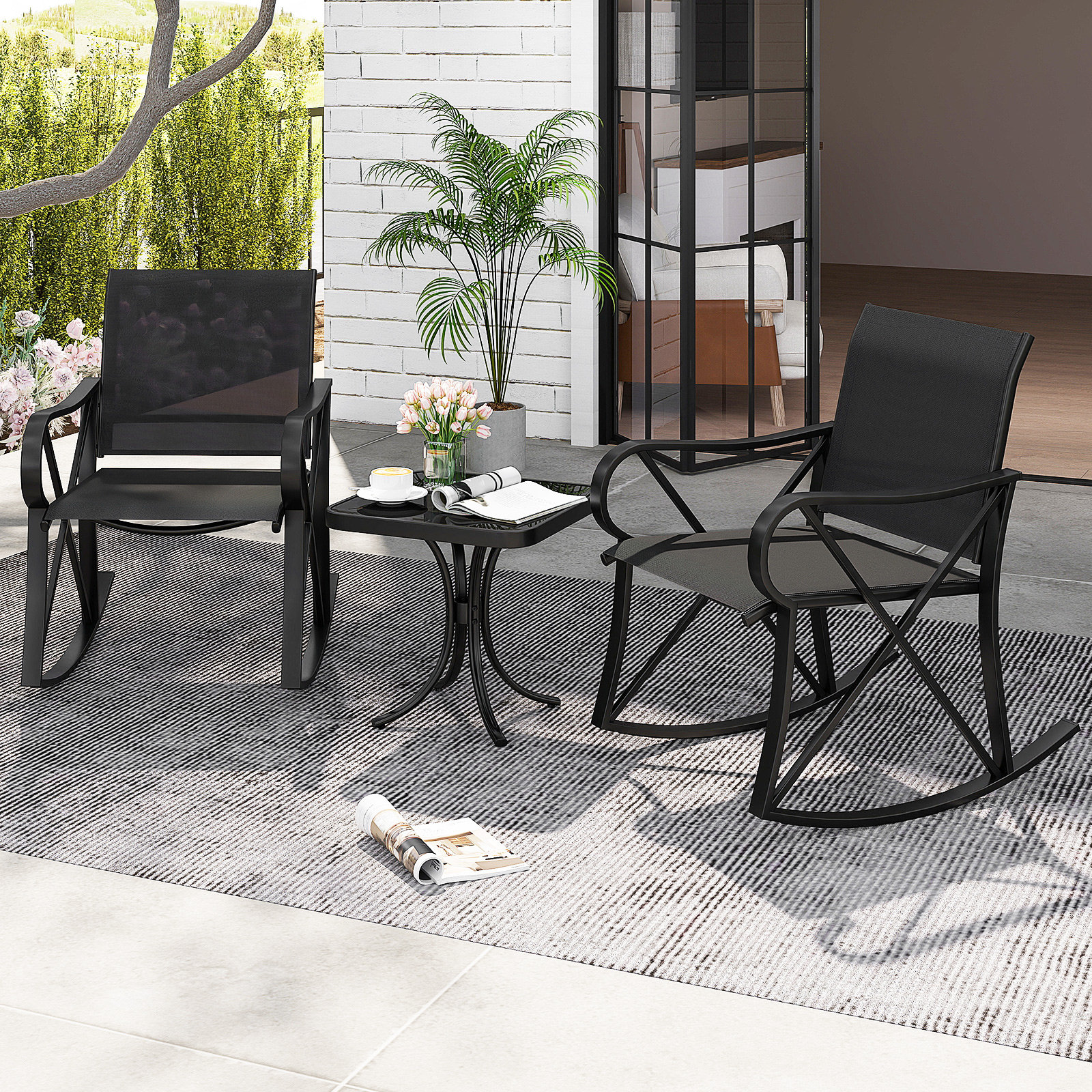 Ebern Designs 3 Piece Patio Rocking Set 2 Rocking Chairs w/ Tempered ...