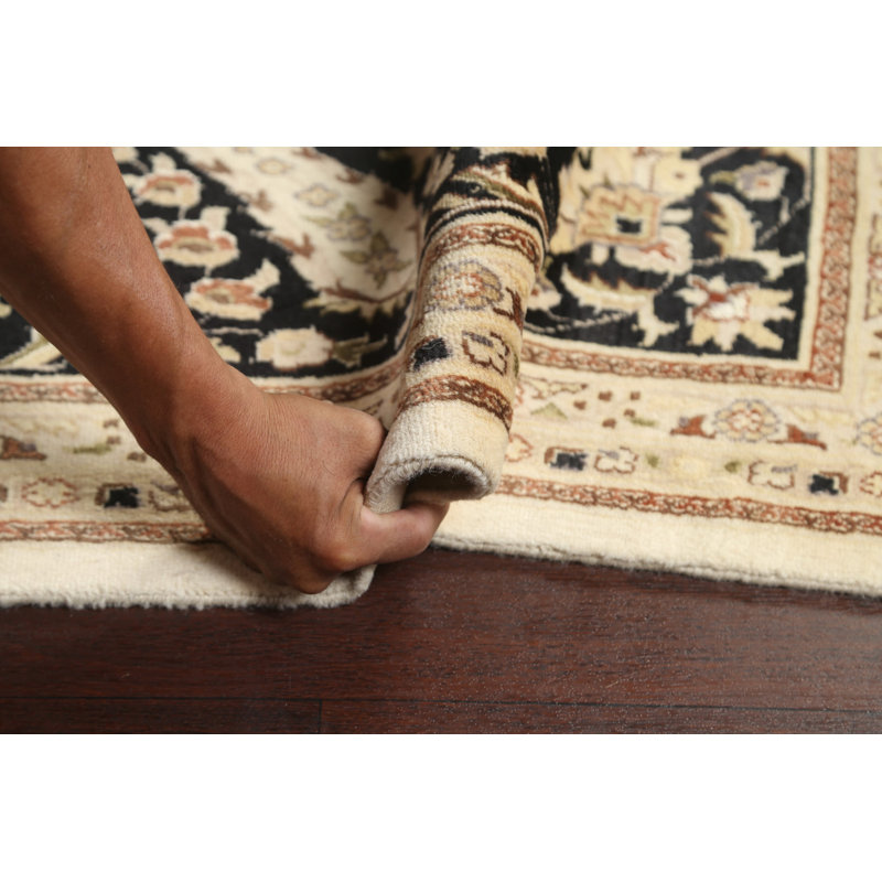 Tapis beige en laine noué à la main de conception unique 9 pi 10 po x 13 pi 11 po Aubusson