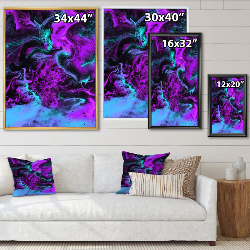 Neon rose, bleu et vert, paysage liquide - peinture sur toile, H 40 po x l 30 po, Cadre flottant noir