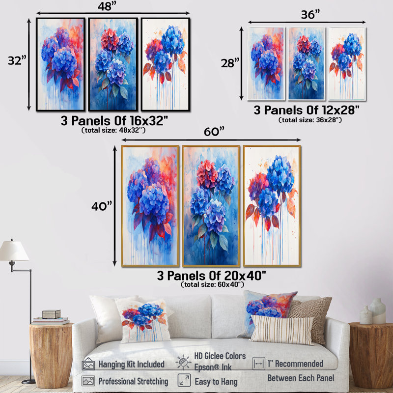 Hydrangées bleues et rouges en hortensia de style graffiti - Collection d'art mural hortensias jaunes, Toile tendue