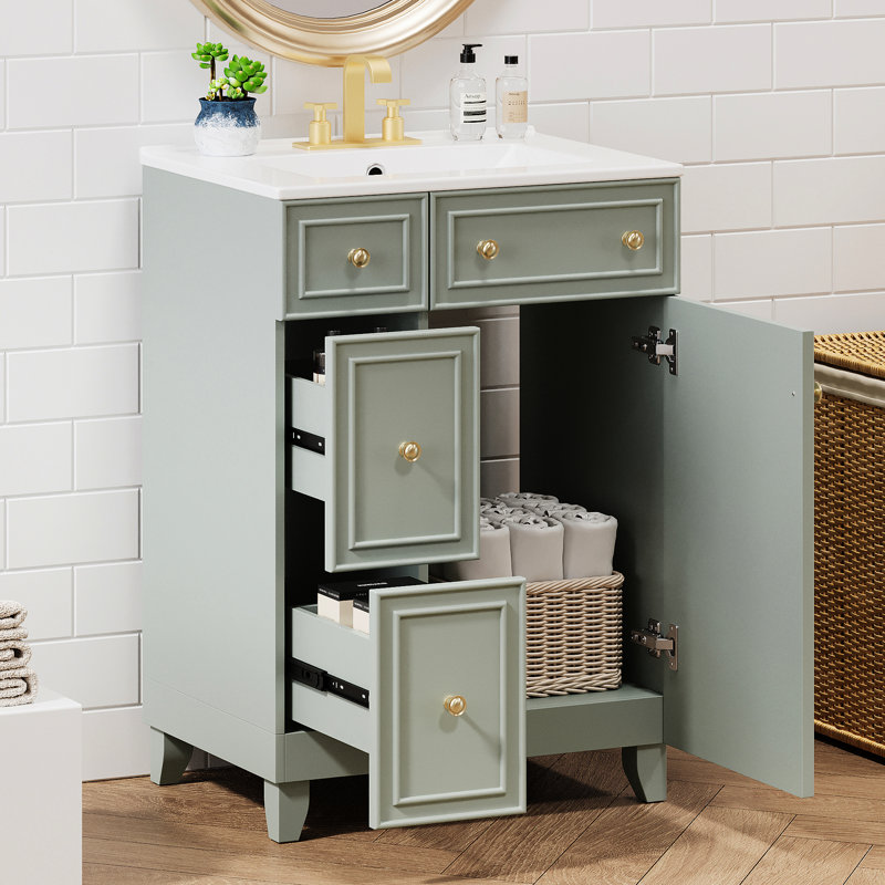 Armoire de salle de bain 24 po avec lavabo en céramique - Économie d'espace, évier de construction optimisé, pratique, Vert