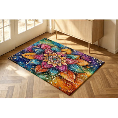 Tapis bohème à motif mandala floral, multicolore et vibrant, doux et antidérapant, idéal pour le salon, la chambre à coucher, l'entrée, la cuisine, le balcon ou un appartement.