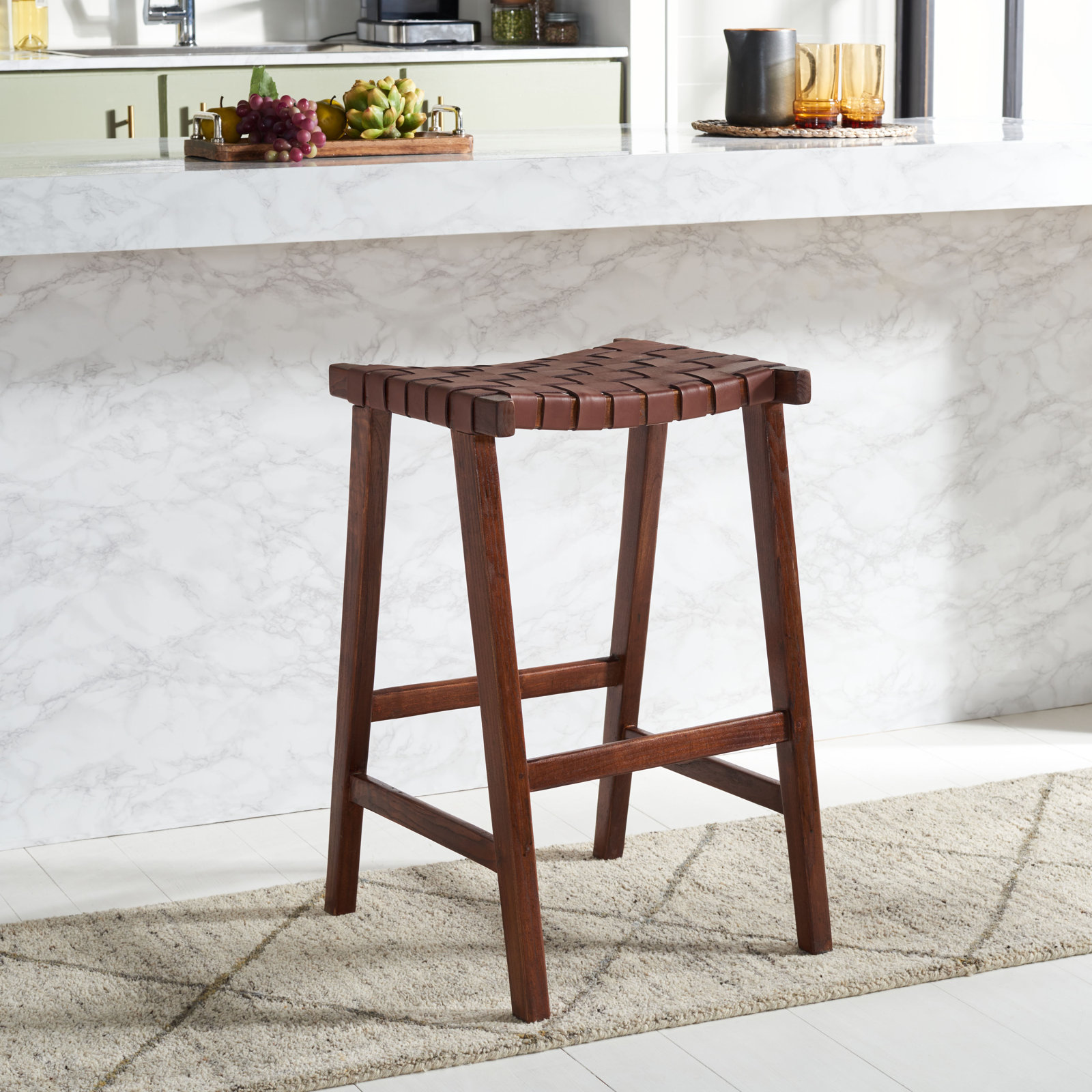 Alston Backless Leather Bar & Counter Stool, Bar Stool (30” Seat Height), Natural, Cognac