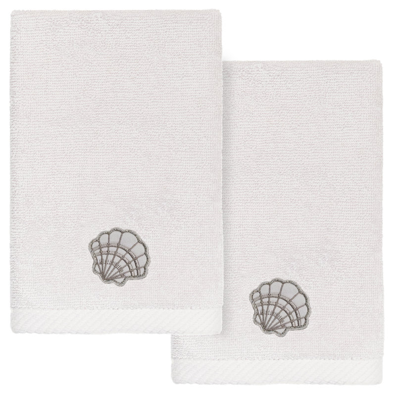 SHELL ROW 2PC Embellished Fingertip Towel Set 100% Turkish Cotton Fingertip Towel, Silver