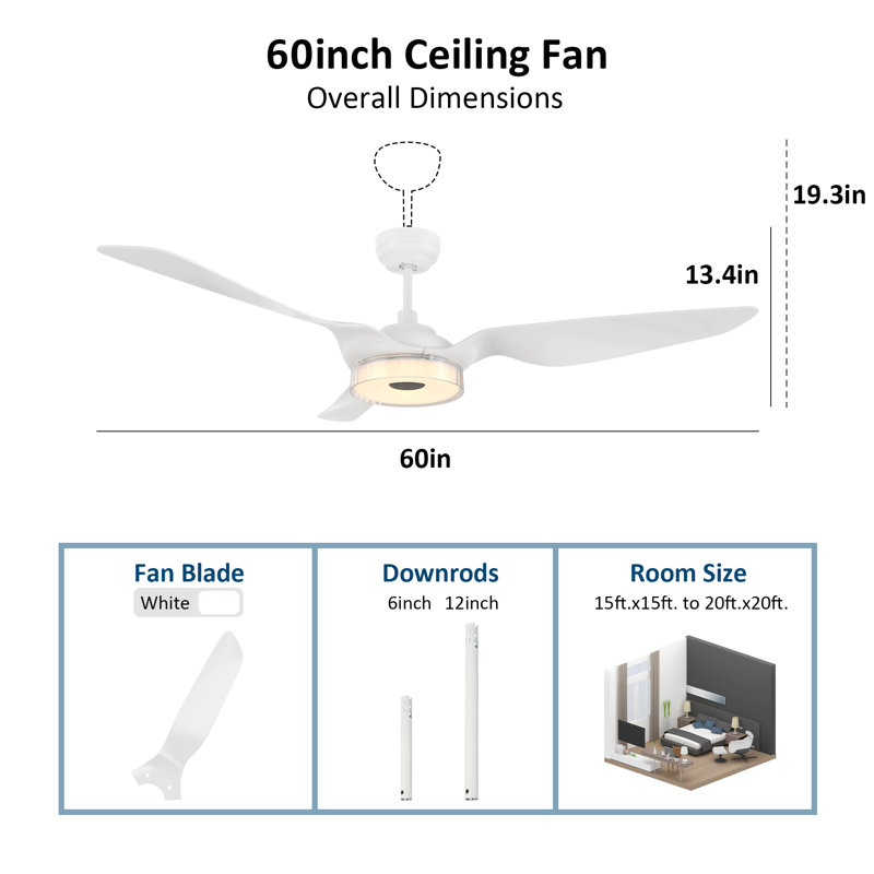 Ventilateur de plafond standard intelligent à 3 pales 60 po avec télécommande et ensemble d'éclairage Aroz, Blanc