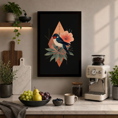 Botanical Bird in Geometry Geometric - Wrapped Canvas