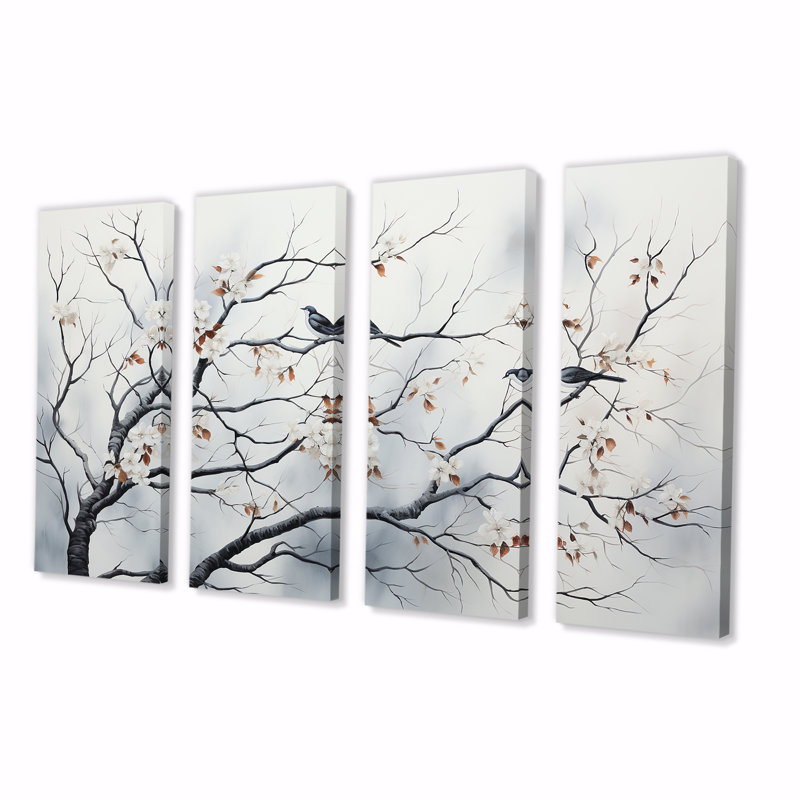 «Grey Floral Sprintime Tree Birds III», art mural sur toile 4 pièces, H 28 po x l 48 po