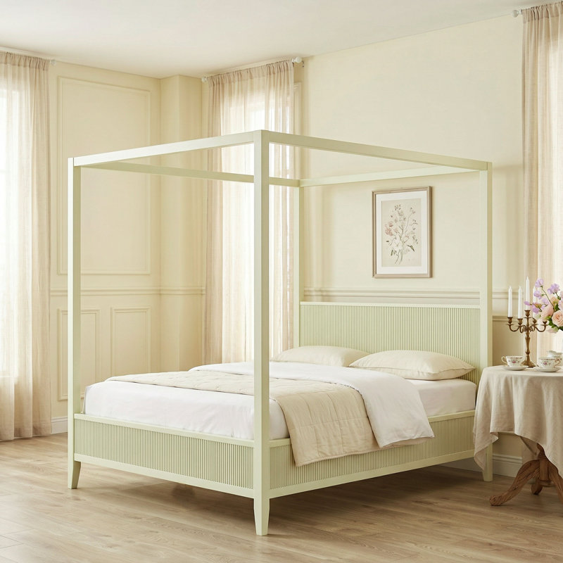 Lit à baldaquin en bois luxueux à baldaquin avec auvent cannelé, Grand lit, Beige