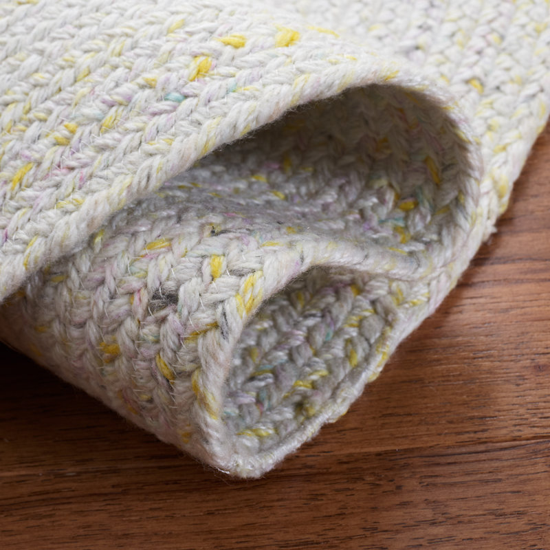 Ivory and Yellow Round Braided Reversible Wool Area Rug