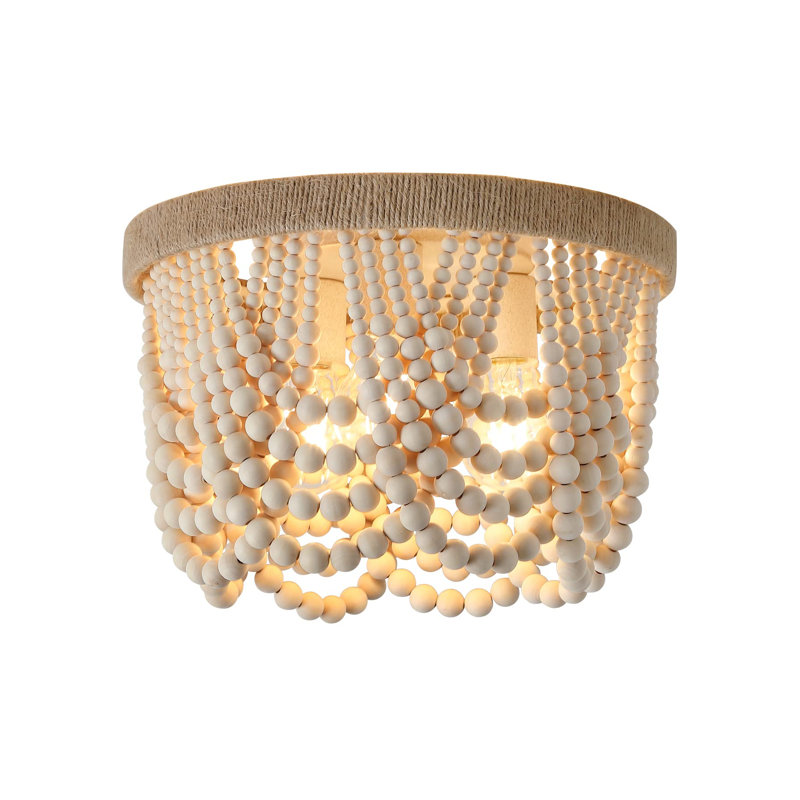 Wood Beaded Flush Mount Ceiling Light Farmhouse Rustic Small Boho Chandelier Light Fixture 3-Lights