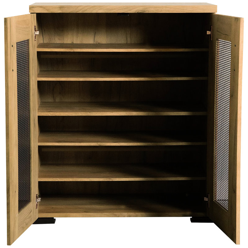 Golden Oak Cabinet With Mesh Screens - Neat Shoe Storage For Any Area, 6 Compartments, 4 Adjustable Shelves, Rustic Feel And Door Maximize In All Areas, Vibe
