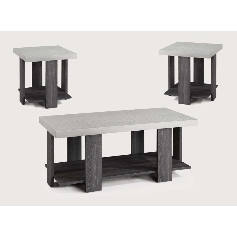 Ensemble de salon gris 3 pièces avec table basse et deux tables de bout assorties