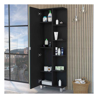 Armoire à linge Los Angeles avec porte miroir et cinq tablettes, rangement pour salle de bain en bois d'ingénierie noir