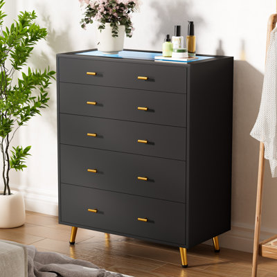 5 Drawer Dresser Tall Chest Of Drawers For Bedroom & Closet Island With Drawers Glass Top & Jewelry Dresser & Glass Dresser